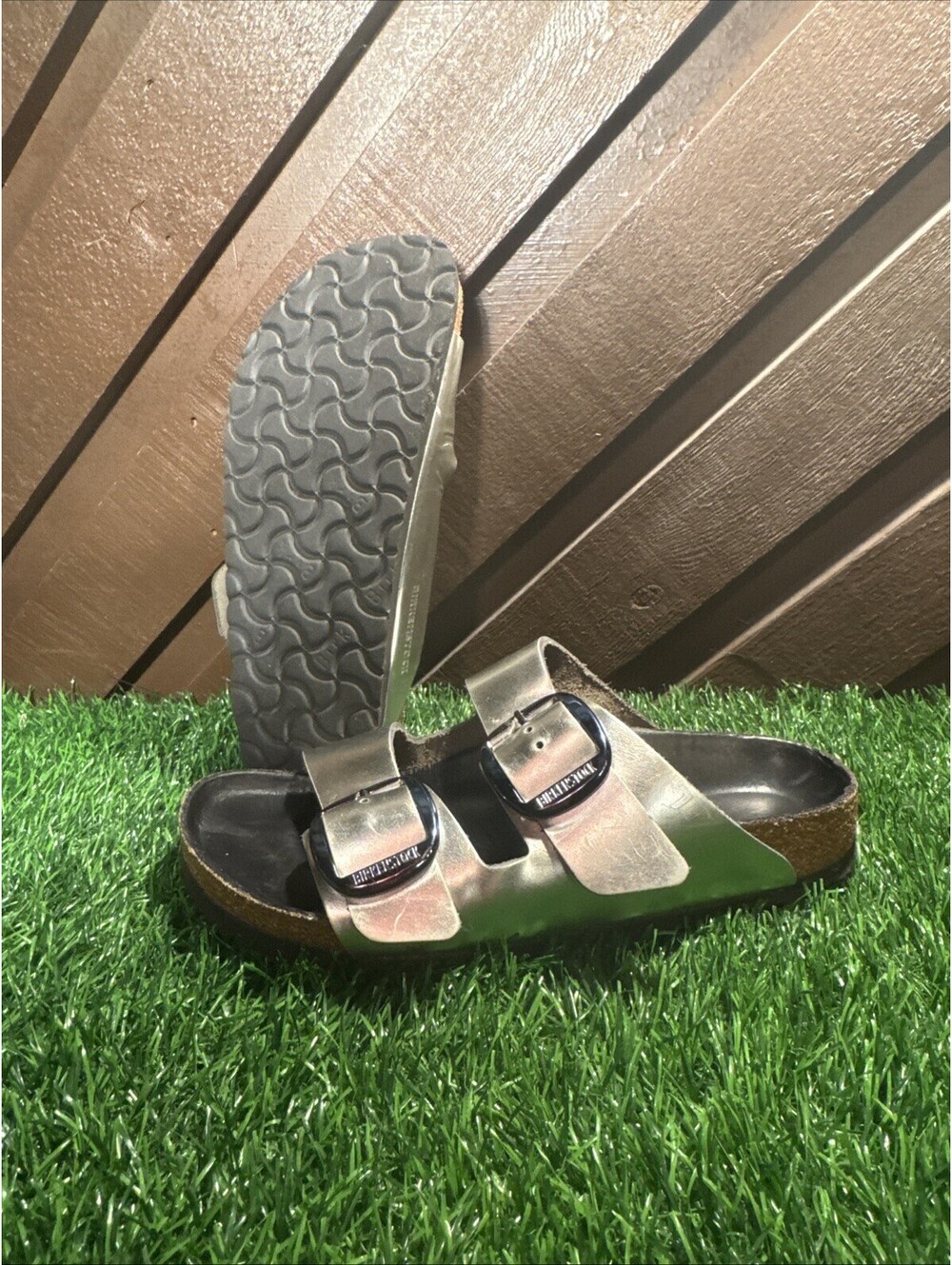 Birkenstock Arizona Metallic Silver Leather Sandals Womens Size 38 L7 M5 Slide